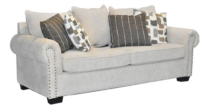 SOFA CASEY 3 CUERPOS, TAPIZ TELA COLOR BEIGE CON COJINES VOLANTES DE COLOR 2.35*0.95*0.90 0.97 M3